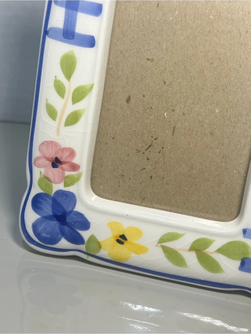 Ceramic Triple Photo Frame 8x6 Blue Plaid Floral Collage Cottage Decor